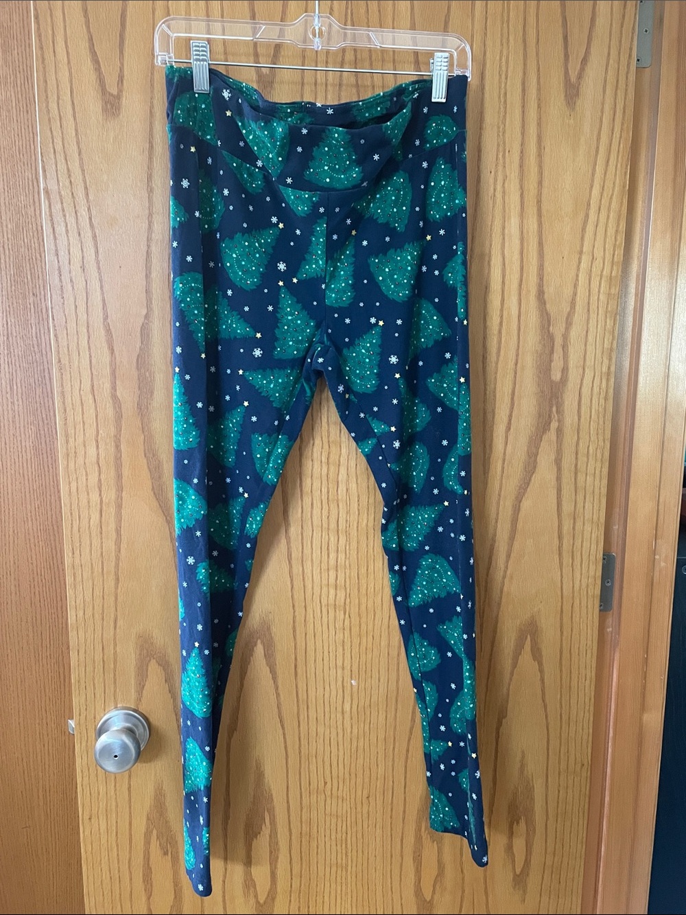 Holiday Time Navy Leggings with Green Tree Print